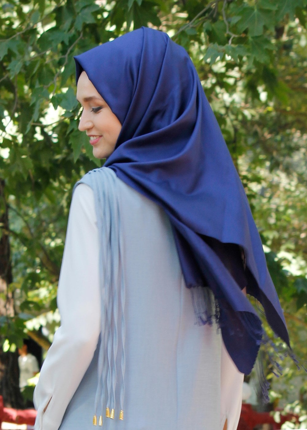 Tesettür giyim MAVİ T 7475 Mısra Biyeli Kolsuz Yelek