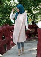 Tesettür giyim BEJ T 7475 Mısra Biyeli Kolsuz Yelek