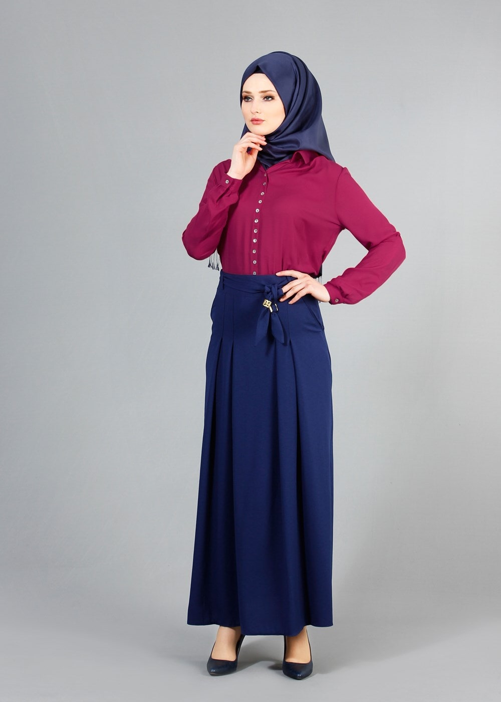 Tesettür giyim FUŞYA T 8002 Mısra Pileli Bluz