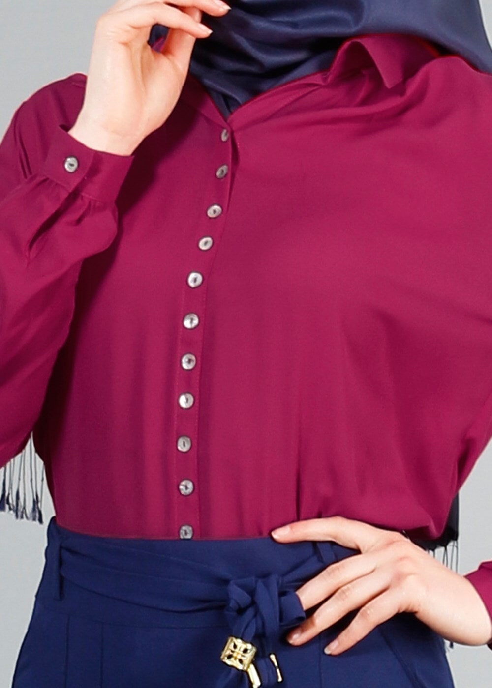 Tesettür giyim FUŞYA T 8002 Mısra Pileli Bluz