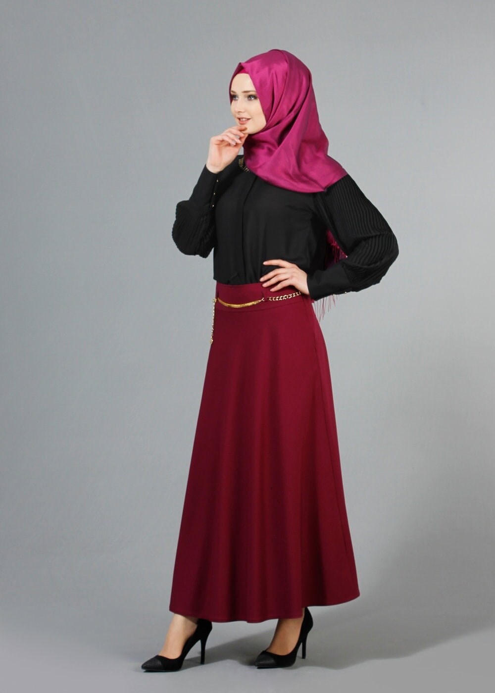 Vêtements hijab NOIR T 8014 Mısra Kolu Pliseli Bluz