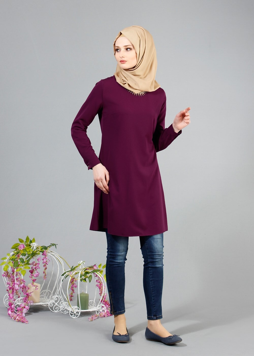 Tesettür giyim MÜRDÜM T 8033 Mısra Bisiklet Yaka Tunik