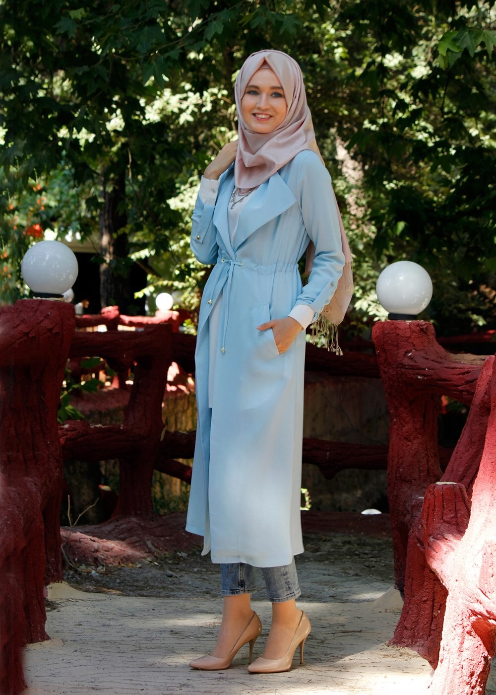 Tesettür giyim MAVİ T 8147 Mısra Şal Yaka Bel Büzgülü Uzun Ceket