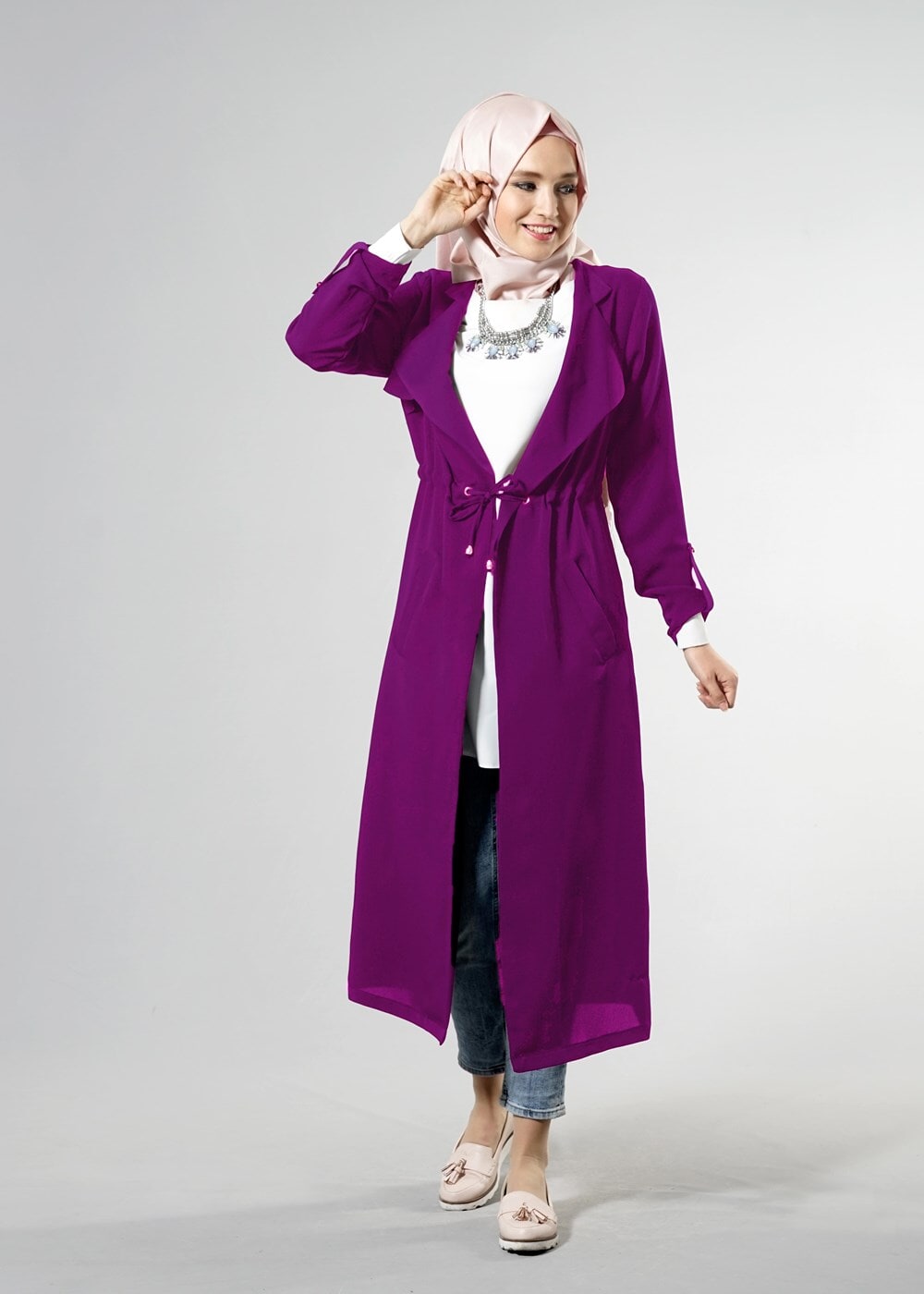 Tesettür giyim MÜRDÜM T 8147 Mısra Şal Yaka Bel Büzgülü Uzun Ceket