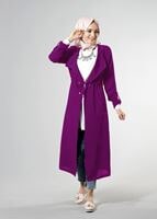 Tesettür giyim MÜRDÜM T 8147 Mısra Şal Yaka Bel Büzgülü Uzun Ceket