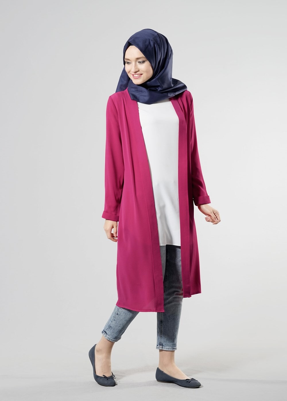 Tesettür giyim FUŞYA T 8252 Mısra Şal Yaka Salaş Ceket