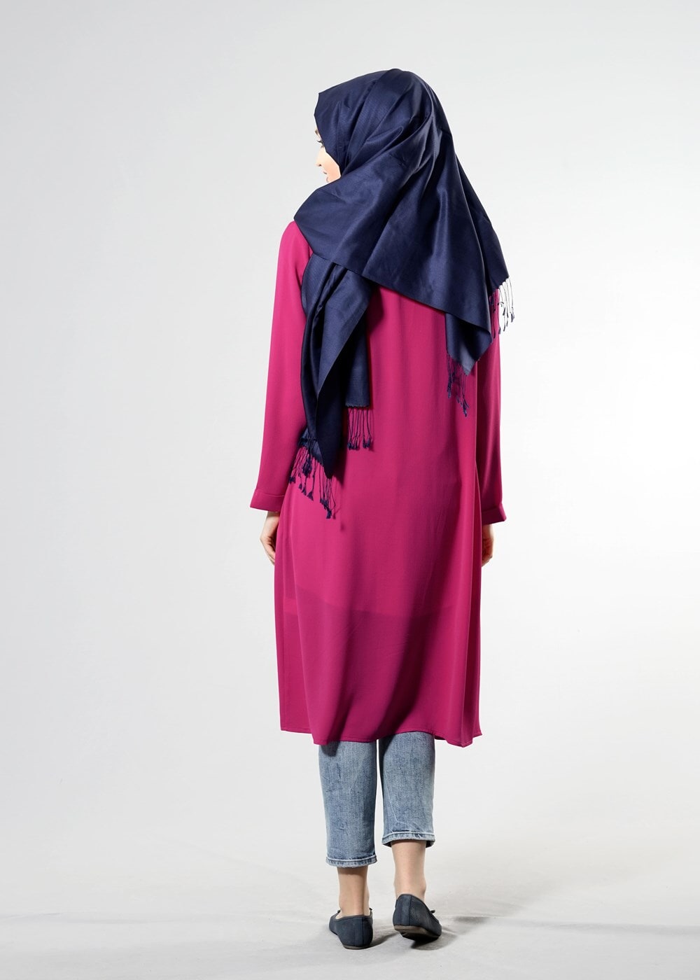 Tesettür giyim FUŞYA T 8252 Mısra Şal Yaka Salaş Ceket