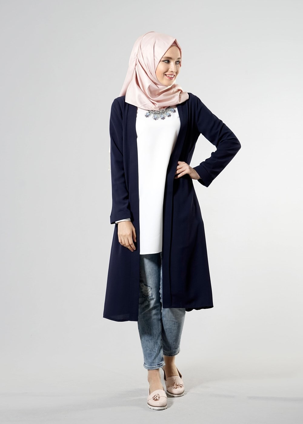 Tesettür giyim LACİVERT T 8252 Mısra Şal Yaka Salaş Ceket