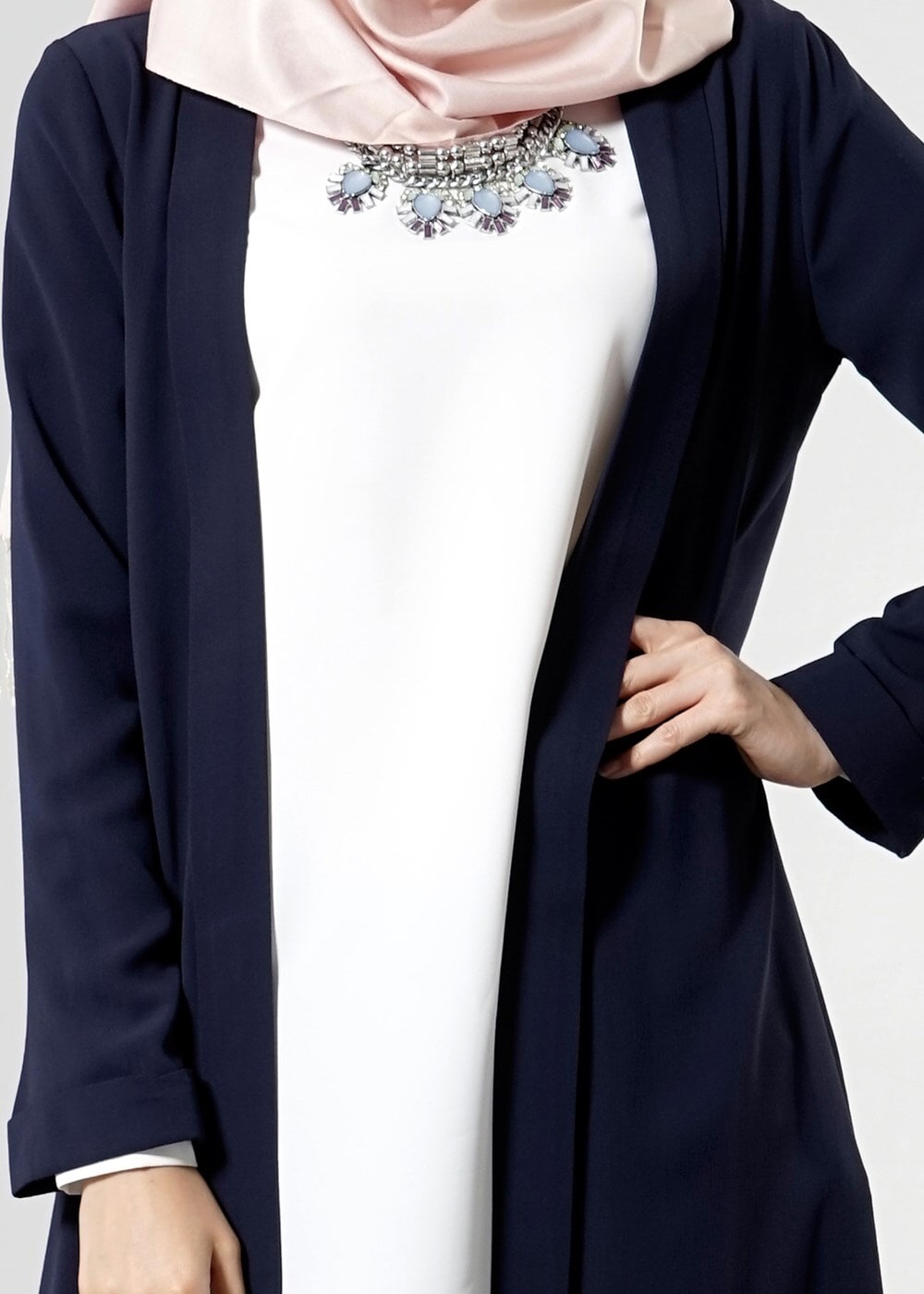 Tesettür giyim LACİVERT T 8252 Mısra Şal Yaka Salaş Ceket