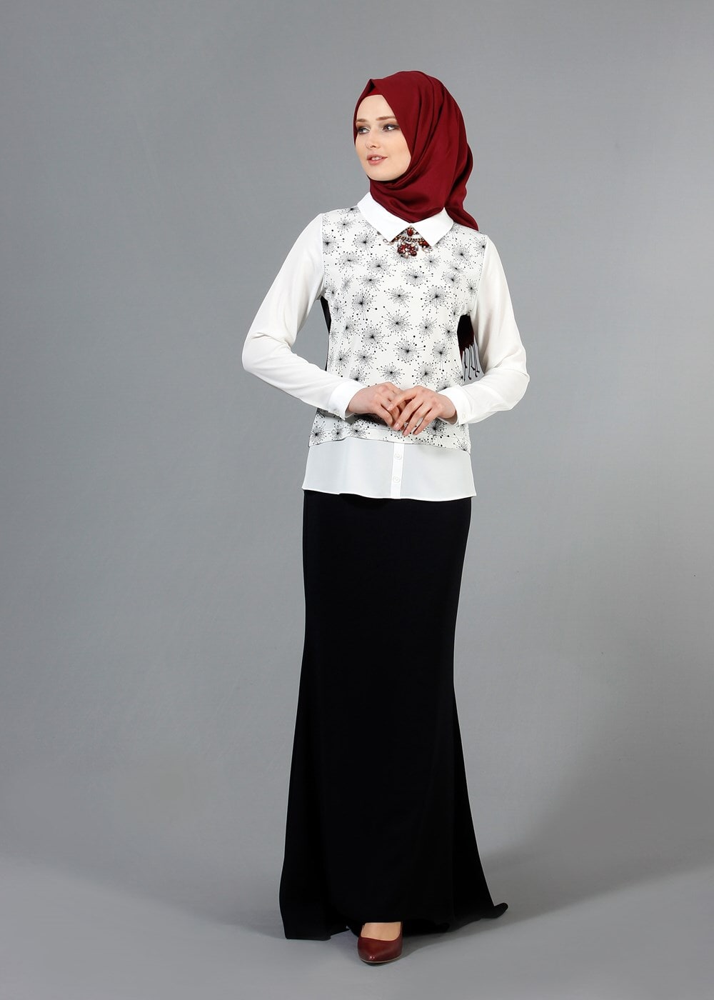 Tesettür giyim EKRU DESENLİ BLUZ 544-1 