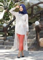 Tesettür giyim PUDRA T 8195-1 Desenli Uzun Ceket