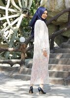 Tesettür giyim PUDRA T 8195-1 Desenli Uzun Ceket