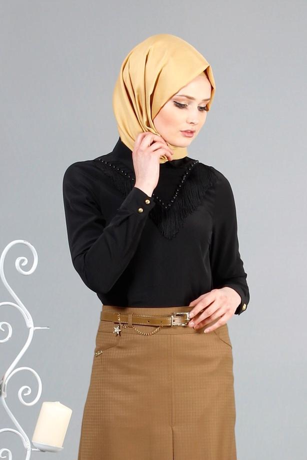 Vêtements hijab  T 1134 Mataş  Erkek Yaka Pelerinli Bluz - TRENDTESETTÜR