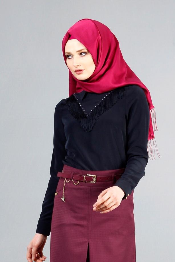 Tesettür giyim LACİVERT T 1134 Mataş  Erkek Yaka Pelerinli Bluz - TRENDTESETTÜR