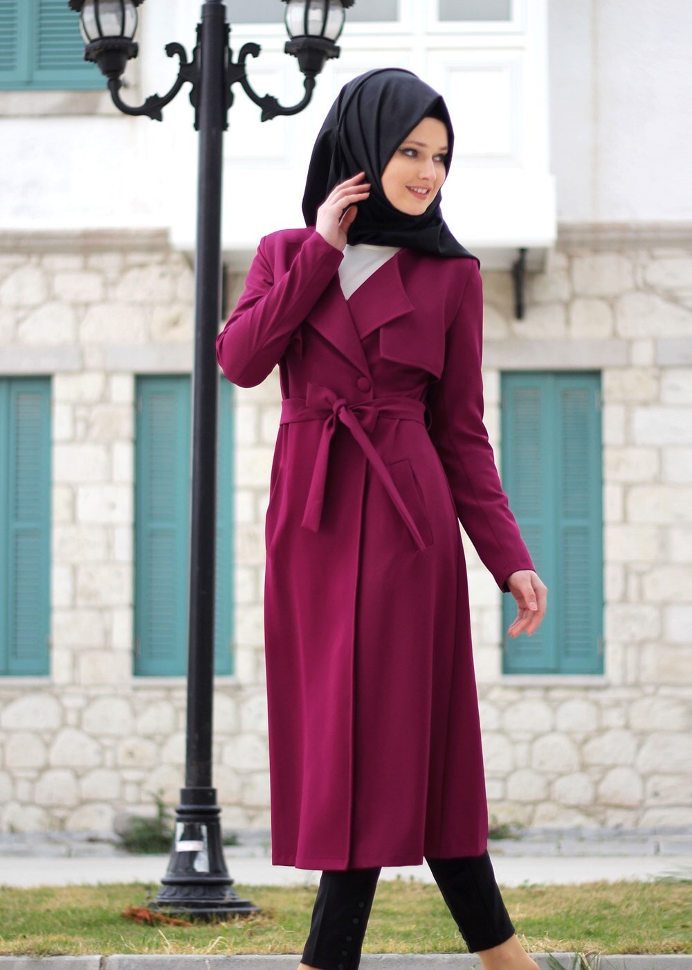 Vêtements hijab FUCHSIA T 4467  Mataş Kruvaze Yaka Pelerinli Trench