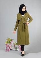 Vêtements hijab VERT T 4467  Mataş Kruvaze Yaka Pelerinli Trench
