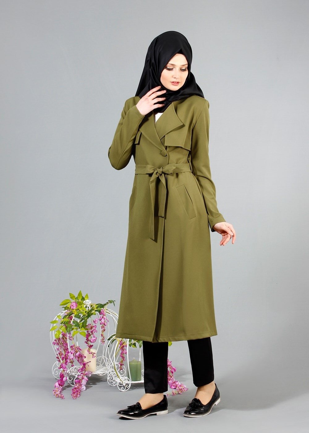 Vêtements hijab VERT T 4467  Mataş Kruvaze Yaka Pelerinli Trench
