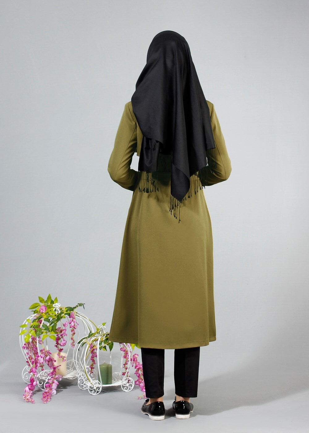 Vêtements hijab VERT T 4467  Mataş Kruvaze Yaka Pelerinli Trench