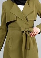 Vêtements hijab VERT T 4467  Mataş Kruvaze Yaka Pelerinli Trench