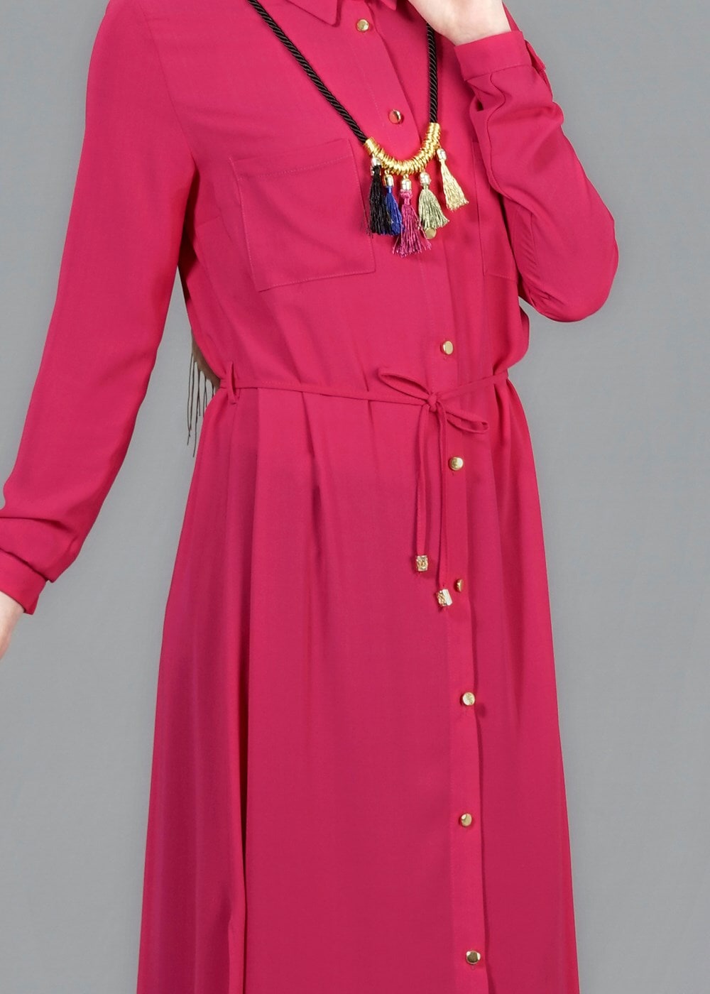 Hijab clothing FUCHSIA T 4507 Mataş Önden Düğmeli Kolyeli Tunik