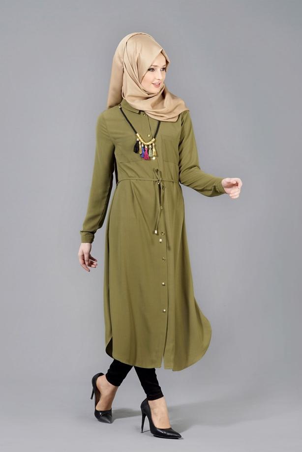 Vêtements hijab  T 4507 Mataş Önden Düğmeli Kolyeli Tunik - TRENDTESETTÜR
