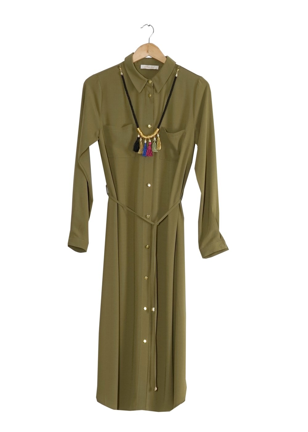 Vêtements hijab KAKI T 4507 Mataş Önden Düğmeli Kolyeli Tunik