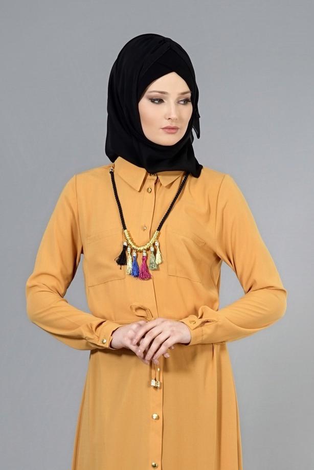 Vêtements hijab  T 4507 Mataş Önden Düğmeli Kolyeli Tunik - TRENDTESETTÜR