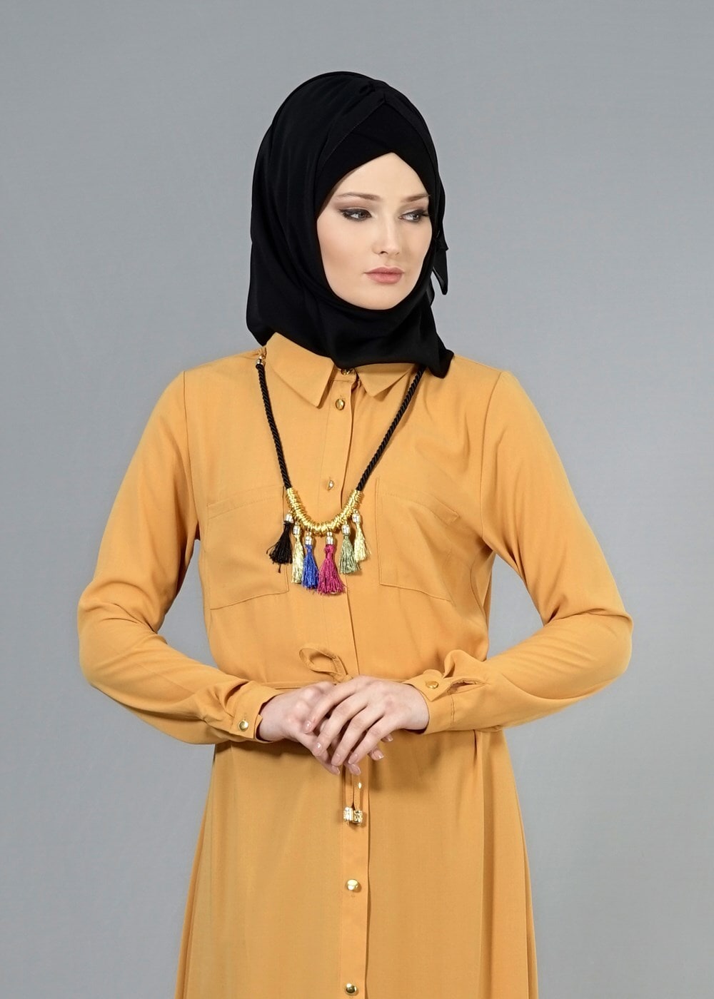Vêtements hijab JAUNE T 4507 Mataş Önden Düğmeli Kolyeli Tunik