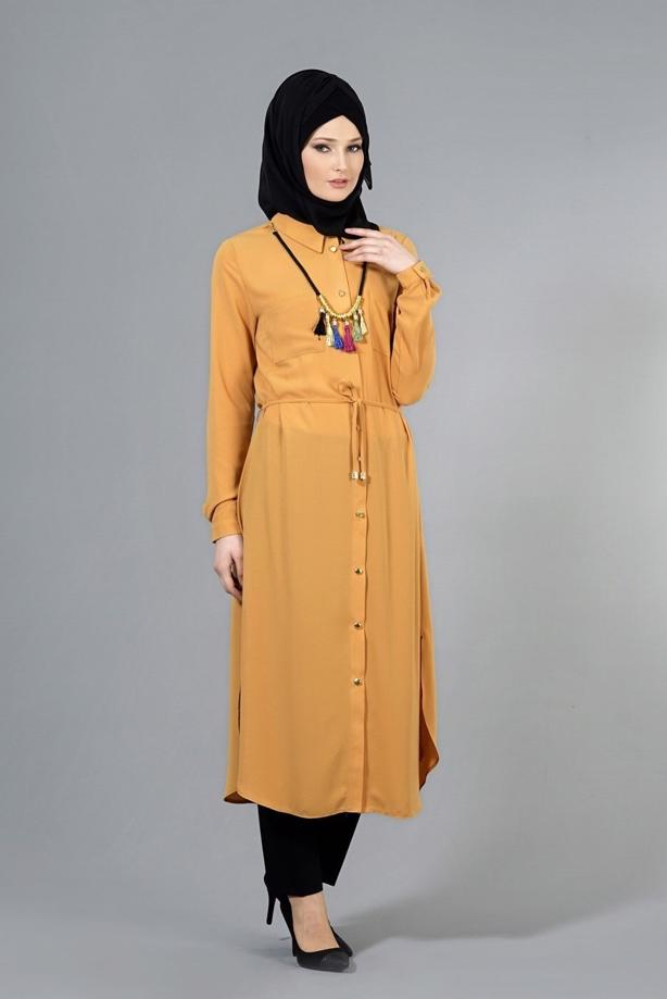 Vêtements hijab  T 4507 Mataş Önden Düğmeli Kolyeli Tunik - TRENDTESETTÜR