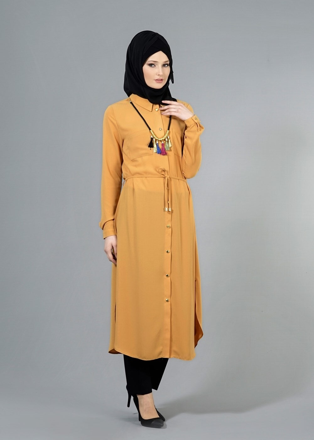 Vêtements hijab JAUNE T 4507 Mataş Önden Düğmeli Kolyeli Tunik