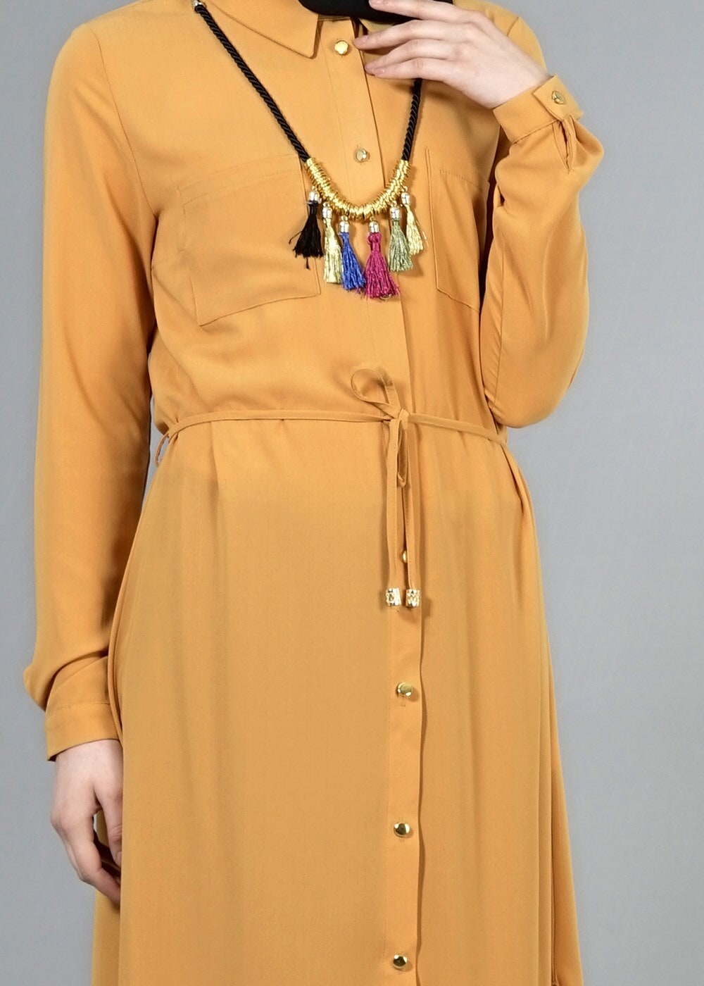 Vêtements hijab JAUNE T 4507 Mataş Önden Düğmeli Kolyeli Tunik