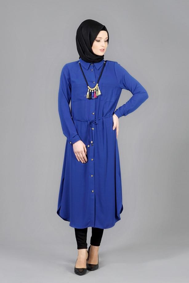 Vêtements hijab  T 4507 Mataş Önden Düğmeli Kolyeli Tunik - TRENDTESETTÜR