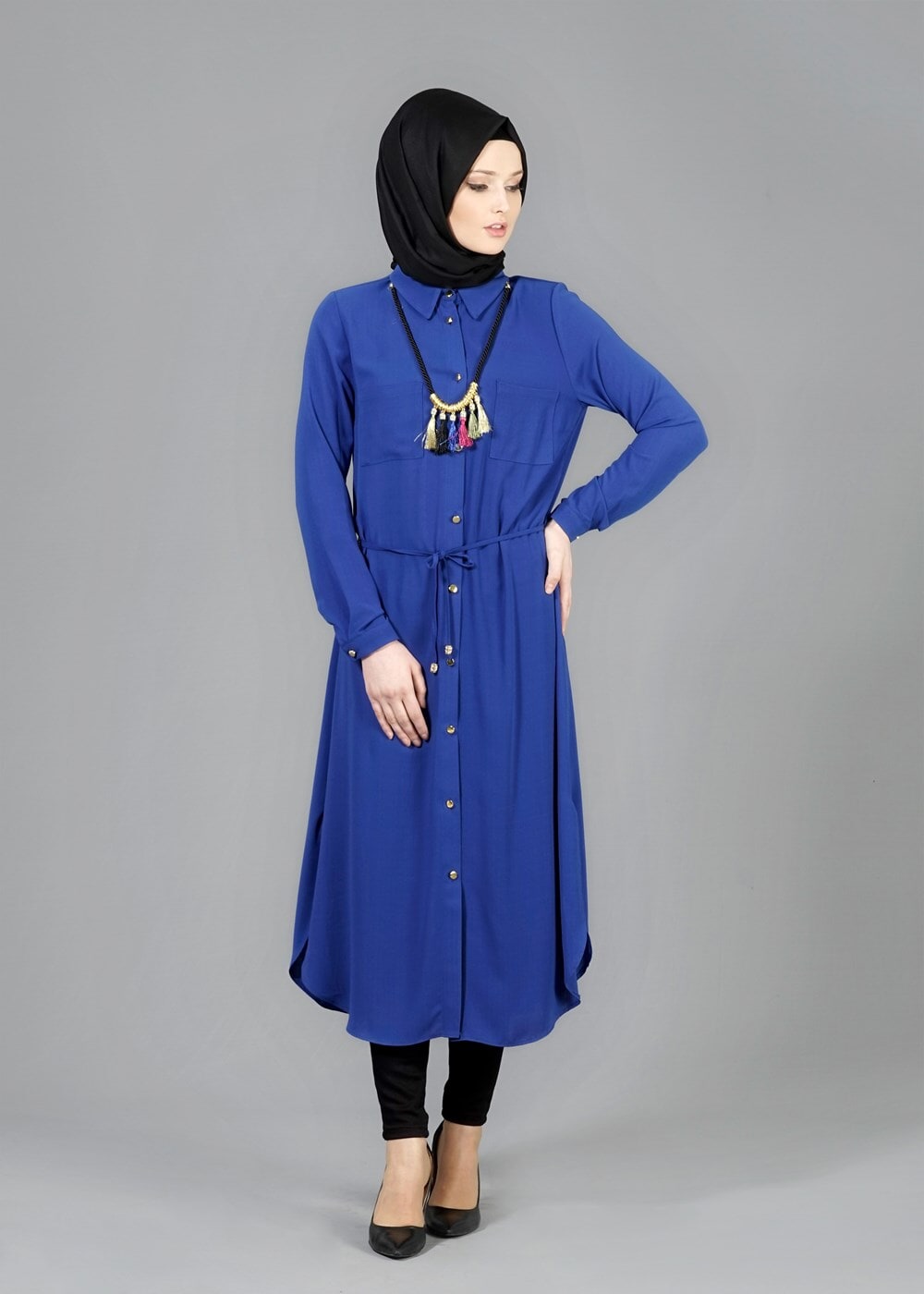 Vêtements hijab BLEU MARINE T 4507 Mataş Önden Düğmeli Kolyeli Tunik