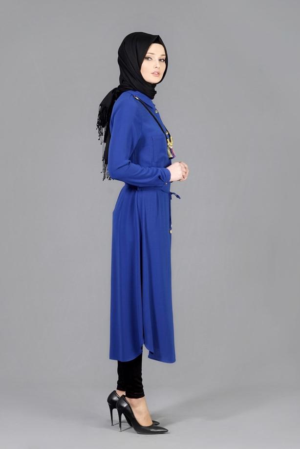 Vêtements hijab  T 4507 Mataş Önden Düğmeli Kolyeli Tunik - TRENDTESETTÜR