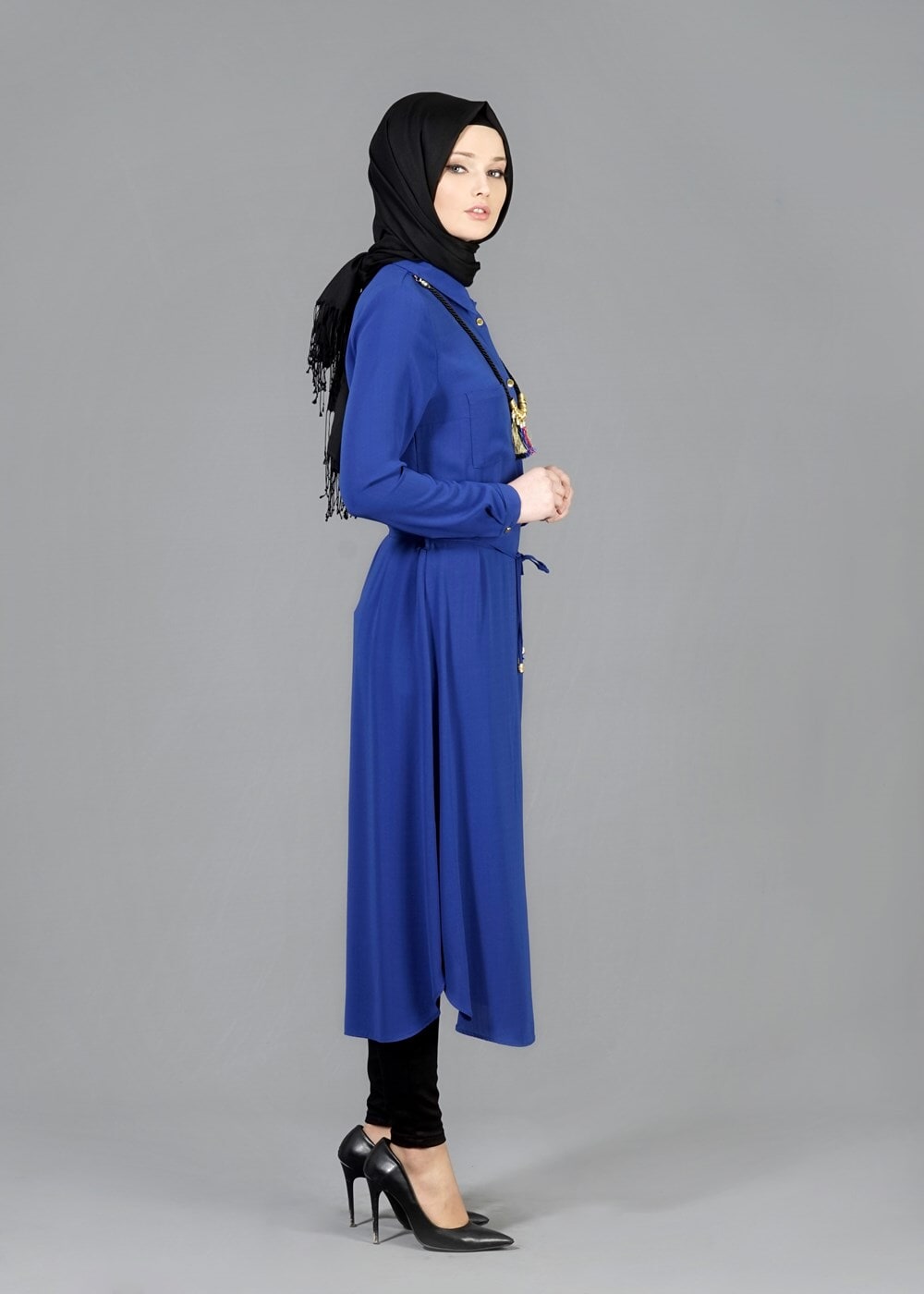 Vêtements hijab BLEU MARINE T 4507 Mataş Önden Düğmeli Kolyeli Tunik