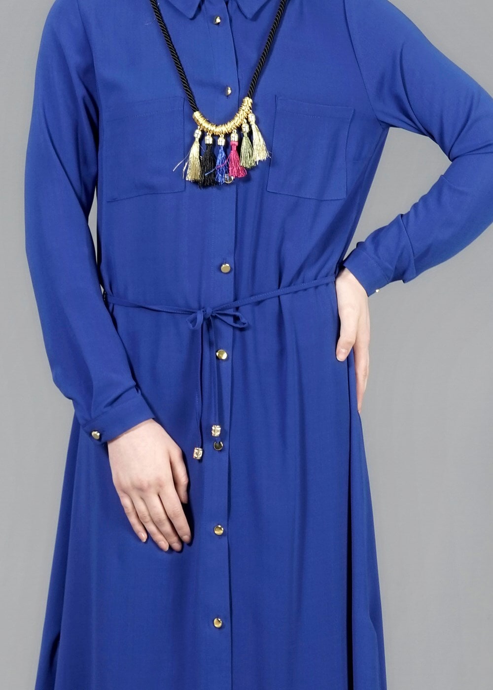 Vêtements hijab BLEU MARINE T 4507 Mataş Önden Düğmeli Kolyeli Tunik