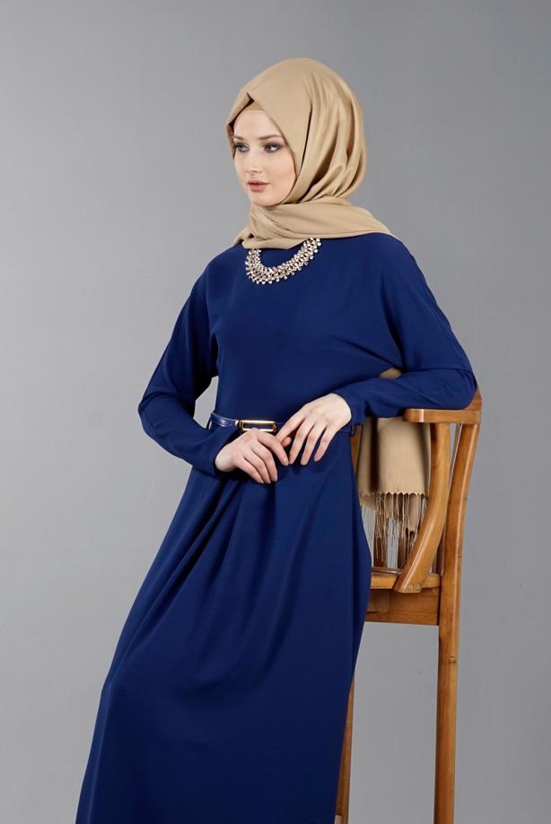 Vêtements hijab  T 4513 Mataş Pileli Kemerli Elbise - TRENDTESETTÜR