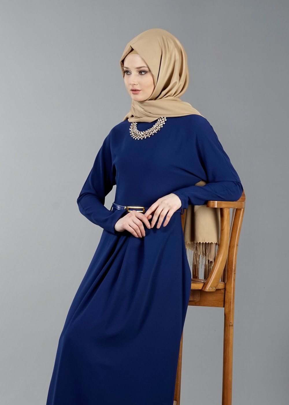 Vêtements hijab BLEU MARINE T 4513 Mataş Pileli Kemerli Elbise