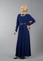 Vêtements hijab BLEU MARINE T 4513 Mataş Pileli Kemerli Elbise