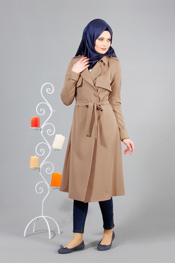 Vêtements hijab  T 4518 Mataş Pelerinli Kuşaklı Trench - TRENDTESETTÜR