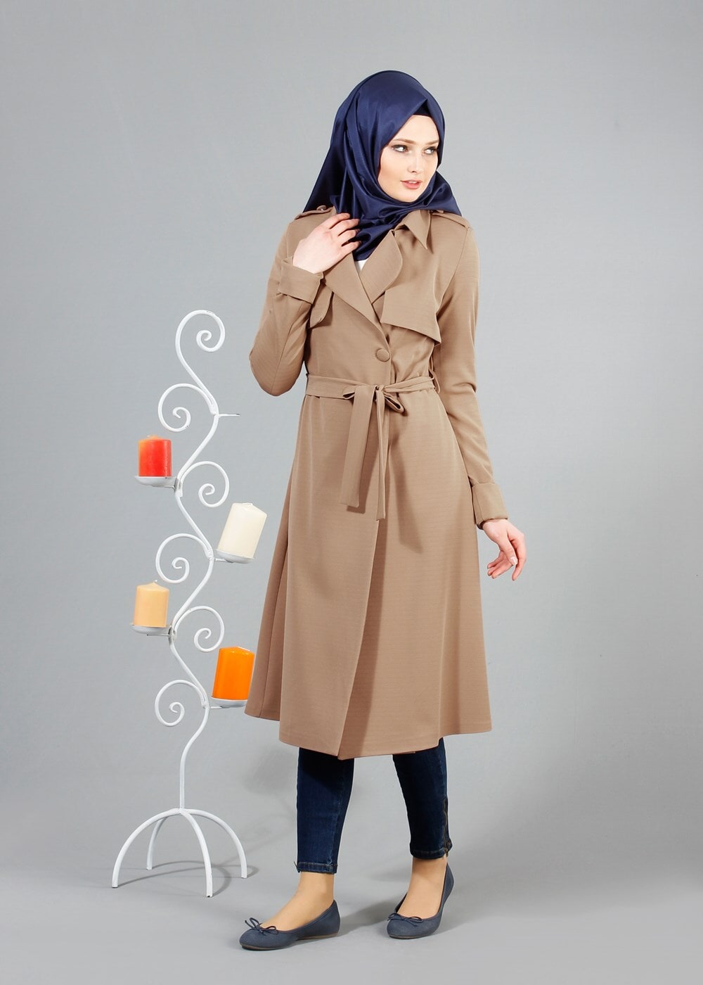 Hijab clothing BEIGE T 4518 Mataş Pelerinli Kuşaklı Trench