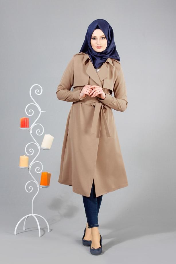 Vêtements hijab  T 4518 Mataş Pelerinli Kuşaklı Trench - TRENDTESETTÜR