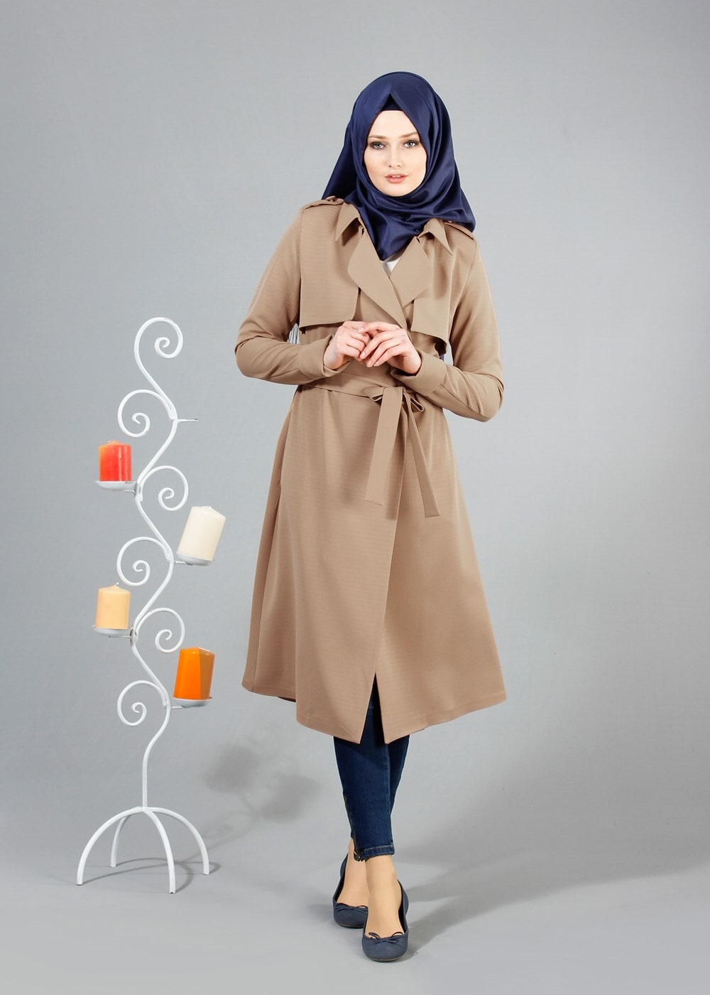 Vêtements hijab BEIGE T 4518 Mataş Pelerinli Kuşaklı Trench