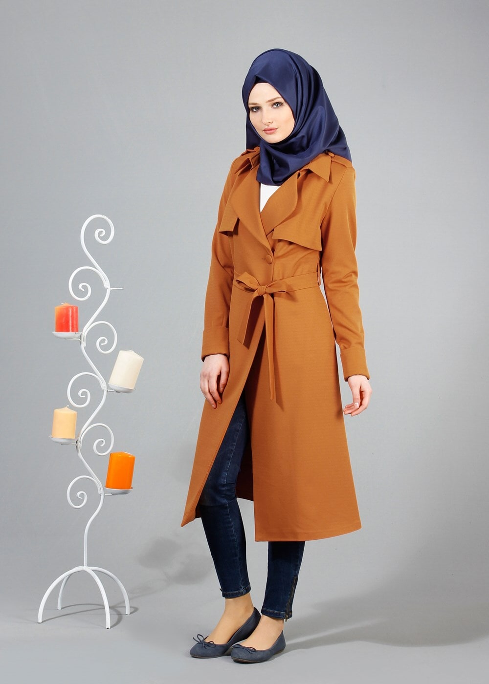 Vêtements hijab ORANGE T 4518 Mataş Pelerinli Kuşaklı Trench