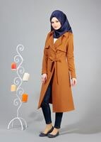 Hijab clothing ORANGE T 4518 Mataş Pelerinli Kuşaklı Trench