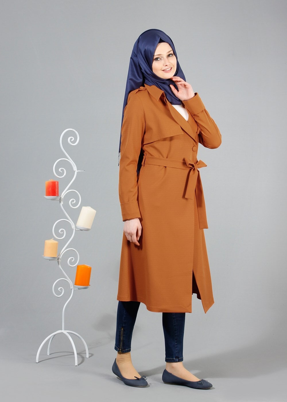 Hijab clothing ORANGE T 4518 Mataş Pelerinli Kuşaklı Trench