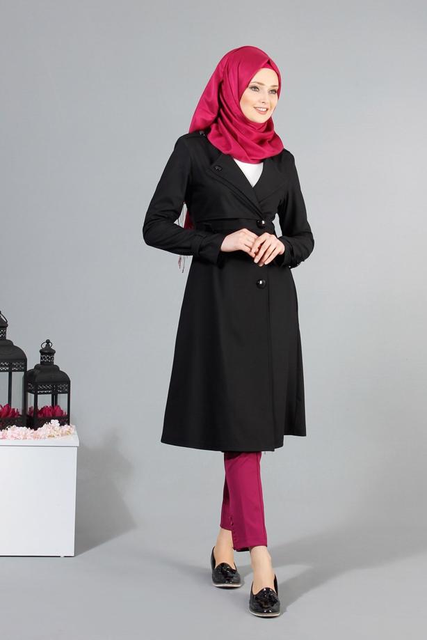 Vêtements hijab  T 4519 Mataş Kruvaze Yaka Kemerli Trench - TRENDTESETTÜR