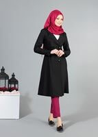 Vêtements hijab NOIR T 4519 Mataş Kruvaze Yaka Kemerli Trench