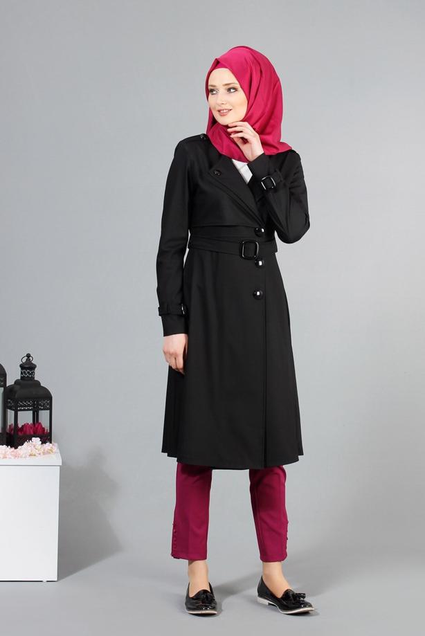 Vêtements hijab  T 4519 Mataş Kruvaze Yaka Kemerli Trench - TRENDTESETTÜR