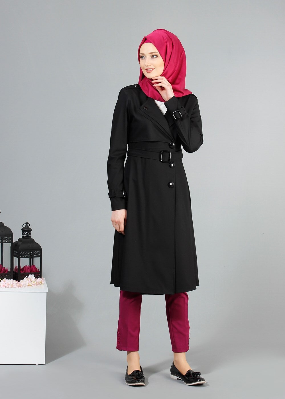 Vêtements hijab NOIR T 4519 Mataş Kruvaze Yaka Kemerli Trench